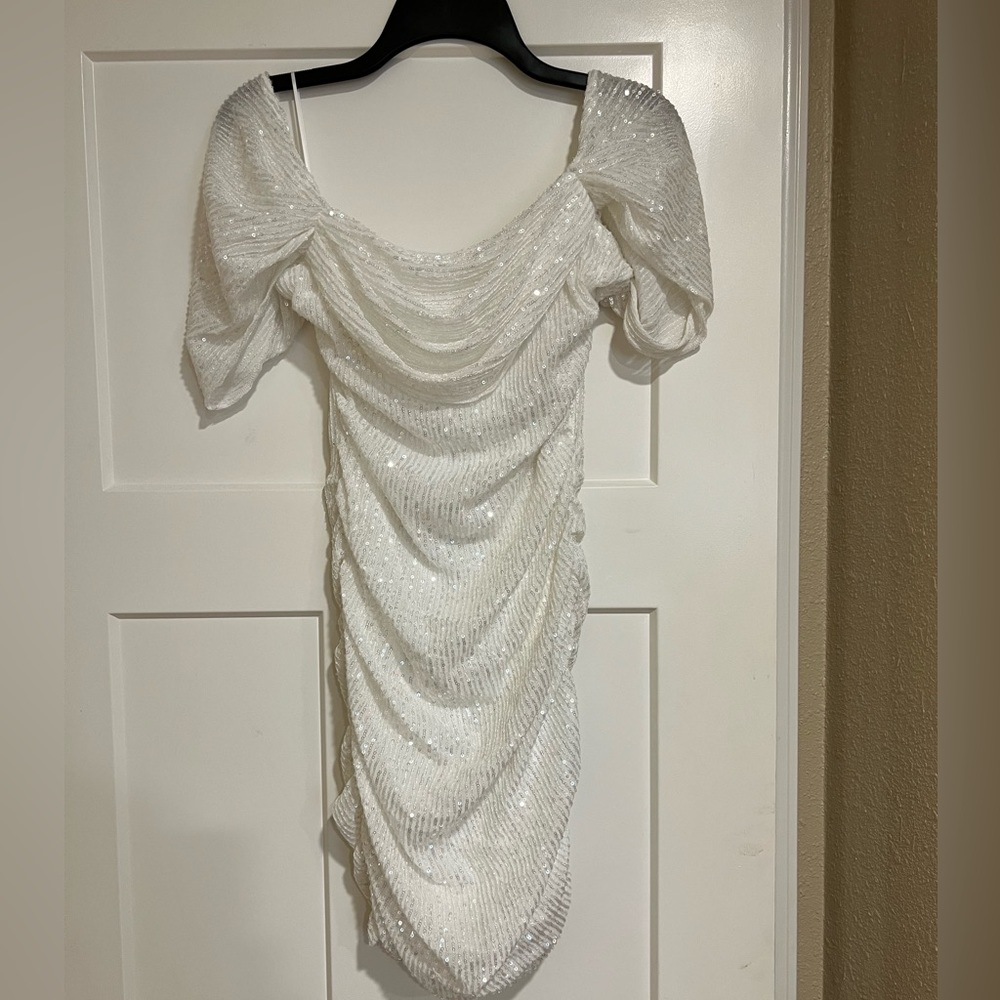 Hello Molly White Sequin Off the Shoulder Mini Dress